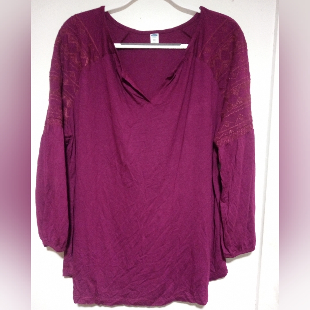 🍄EMBROIDERED PEASANT TOP BERRY WINE RAYON BLOUSE SIZE XXL NEW